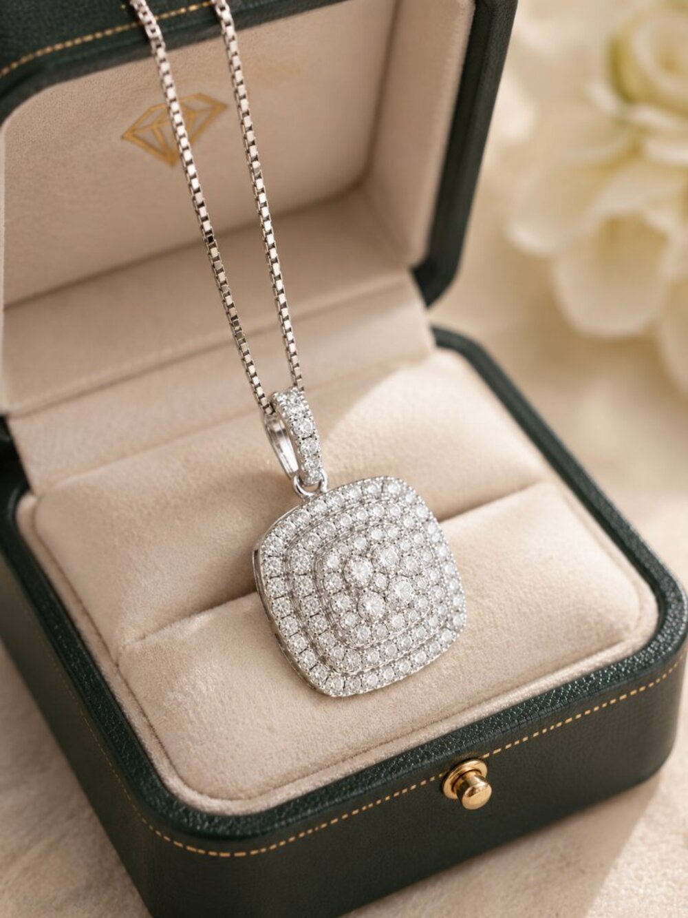 NEW 925 Sterling Silver Large Diamond Square Pendant Box Chain Necklace
